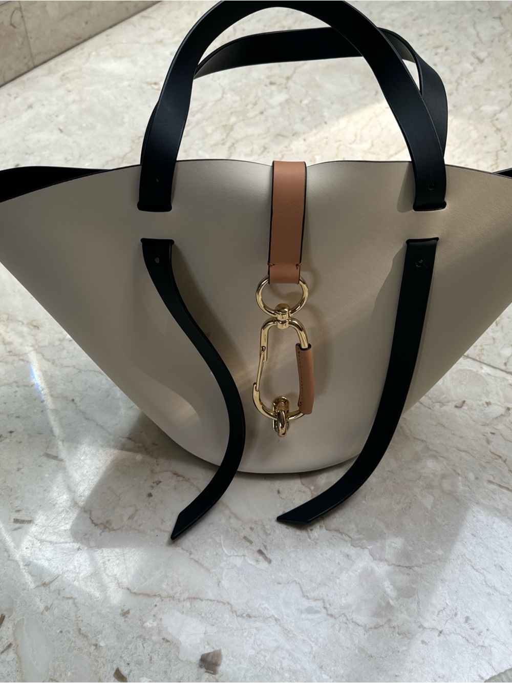Zac Posen Cream Leather Tote with Black Straps and Tan Accent